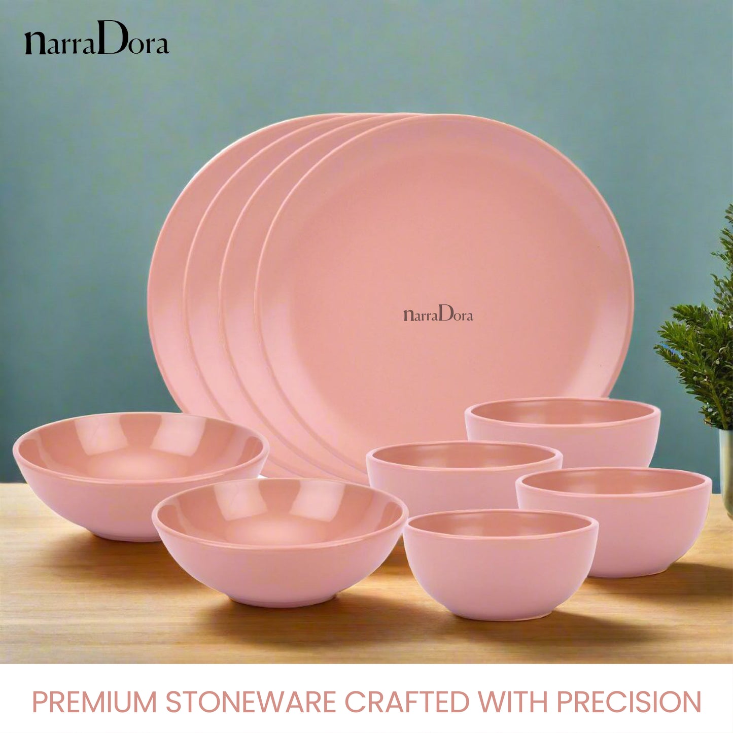 Narradora Sango Coupe Stoneware Dinner Set of 10 Pcs | 4 Pcs Dinner Plates, 2 Pcs Serving Bowl, 4 Pcs Veg Bowls | Premium Crockery Perfect for Gifiting | Stoneware |  Dinner Set | Matt Finish | Pink