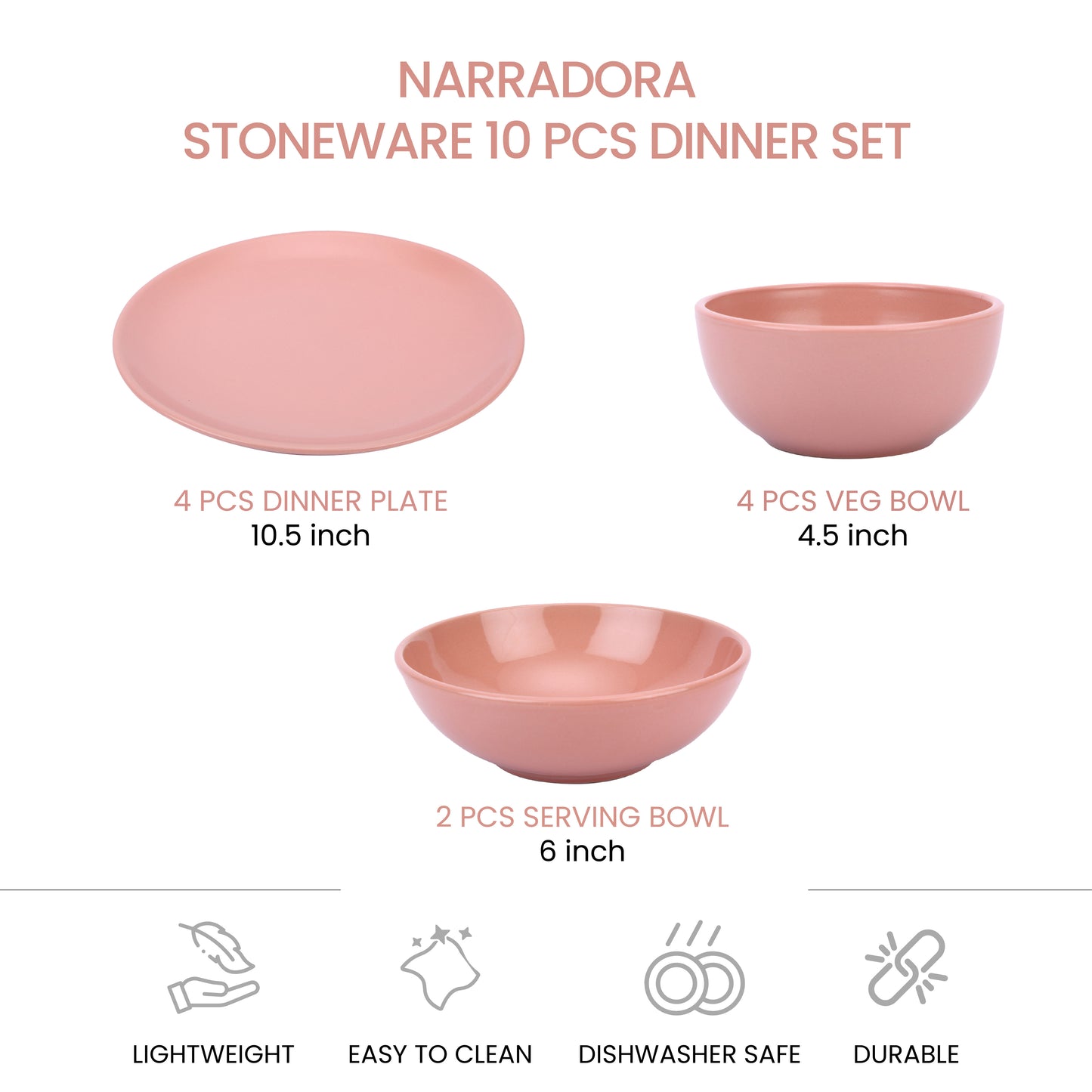 Narradora Sango Coupe Stoneware Dinner Set of 10 Pcs | 4 Pcs Dinner Plates, 2 Pcs Serving Bowl, 4 Pcs Veg Bowls | Premium Crockery Perfect for Gifiting | Stoneware |  Dinner Set | Matt Finish | Pink