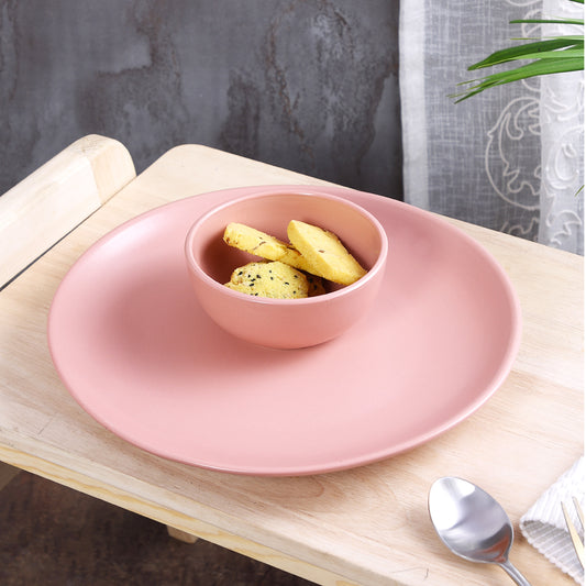 Narradora Sango Coupe Stoneware Dinner Set of 6 Pcs | 2 Pcs Dinner Plates, 4 Pcs Veg Bowls | Premium Crockery Perfect for Gifiting | Stoneware |  Dinner Set | Matt Finish | Pink