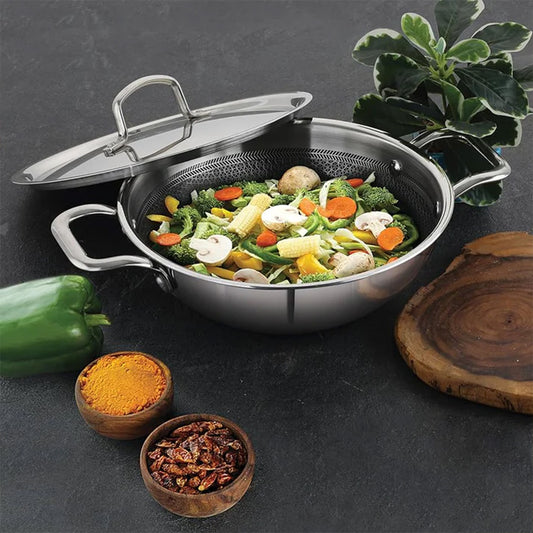 Storehaus Triply Stainless Steel Non Stick Kadai Honeycomb Surface with Lid - 2 Liters