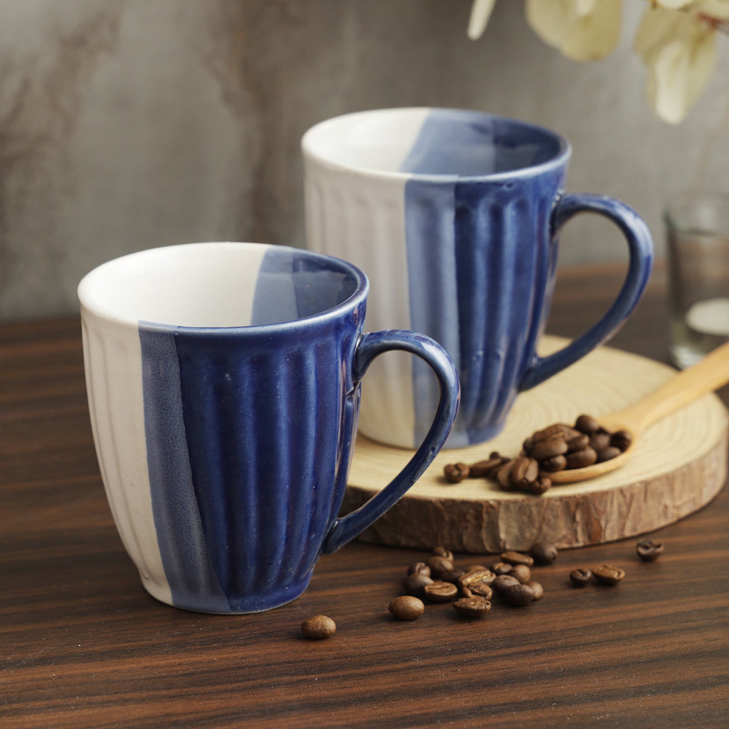 AZURE Bhumija Earth Collection Ceramic Mugs to Gift to Best Friend Tea Coffee Milk Mugs Microwave Safe, Tea Cups, Set of 2, 300 ml Capacity, Blue+ White Colour